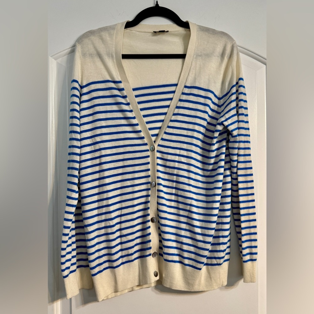 Ann Taylor Cardigan Sweater Large Blue Cream Striped Nautical V-Neck Preppy